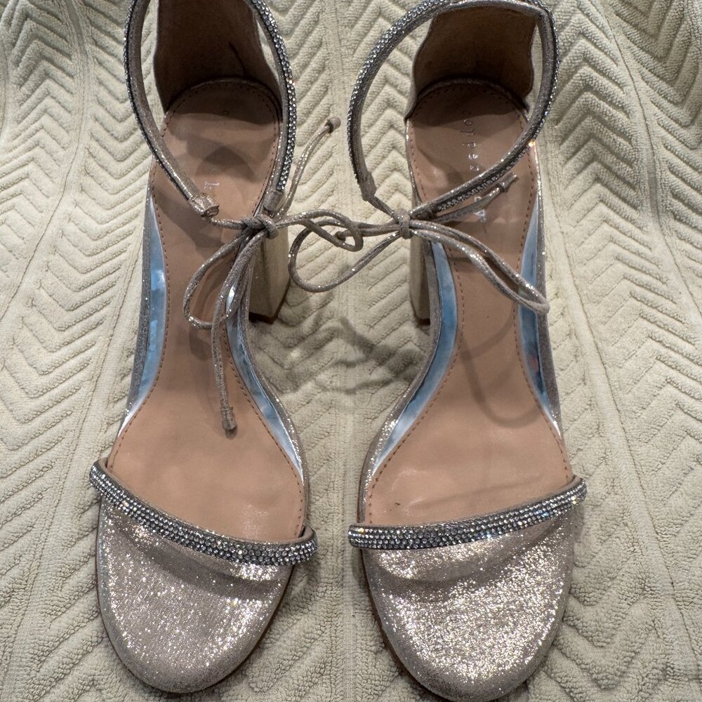 Worn ONCE - Copper Key Rhinestone Women's 4" Block Heel Sandals Size 9 Tie Ankle